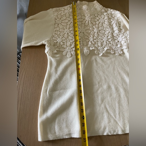 Wool blend women’s ivory/cream sweater with Crotchet Floral Details•••Mock neck - Picture 9 of 10
